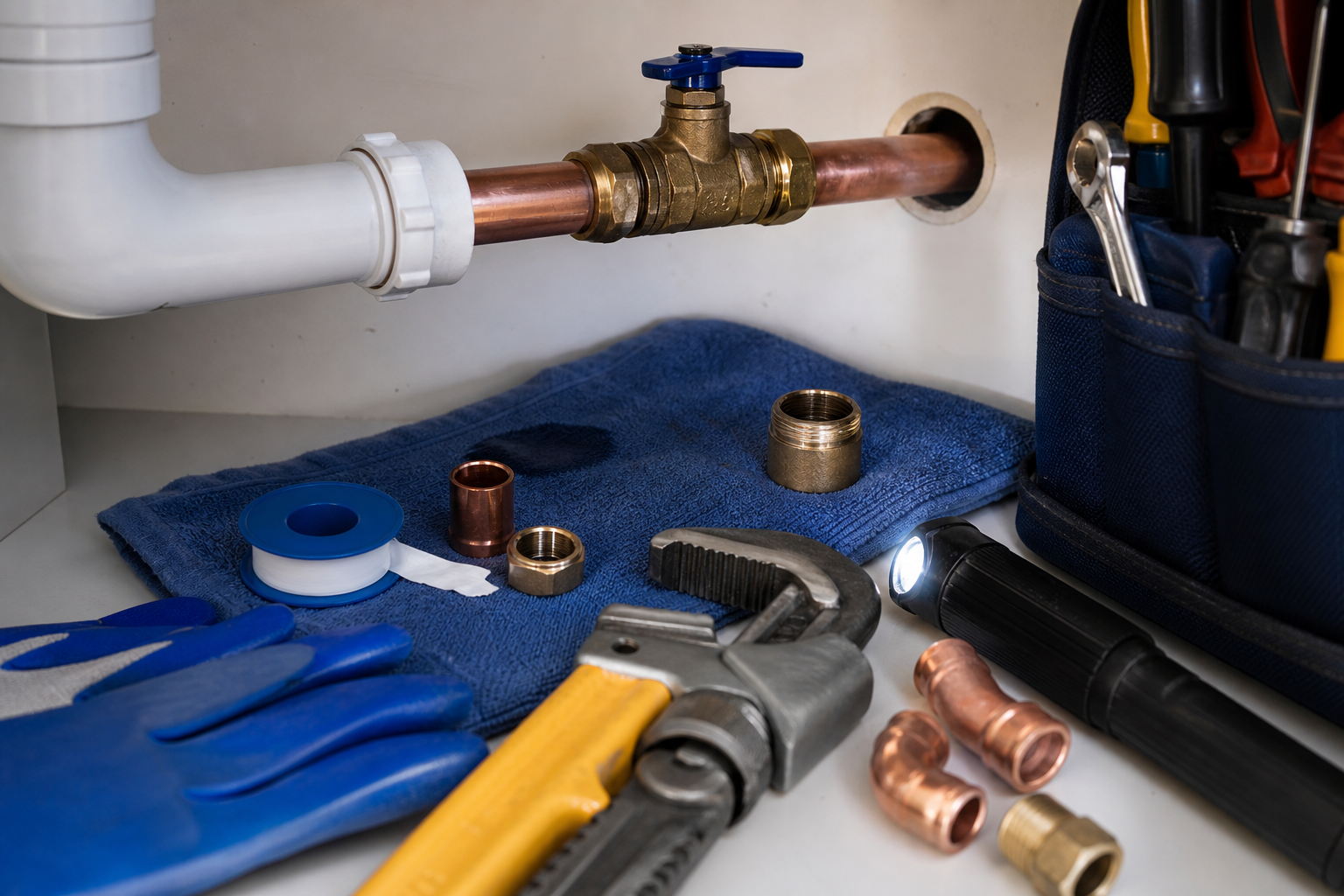 Plumbing tools and pipe fittings prepared for a repair