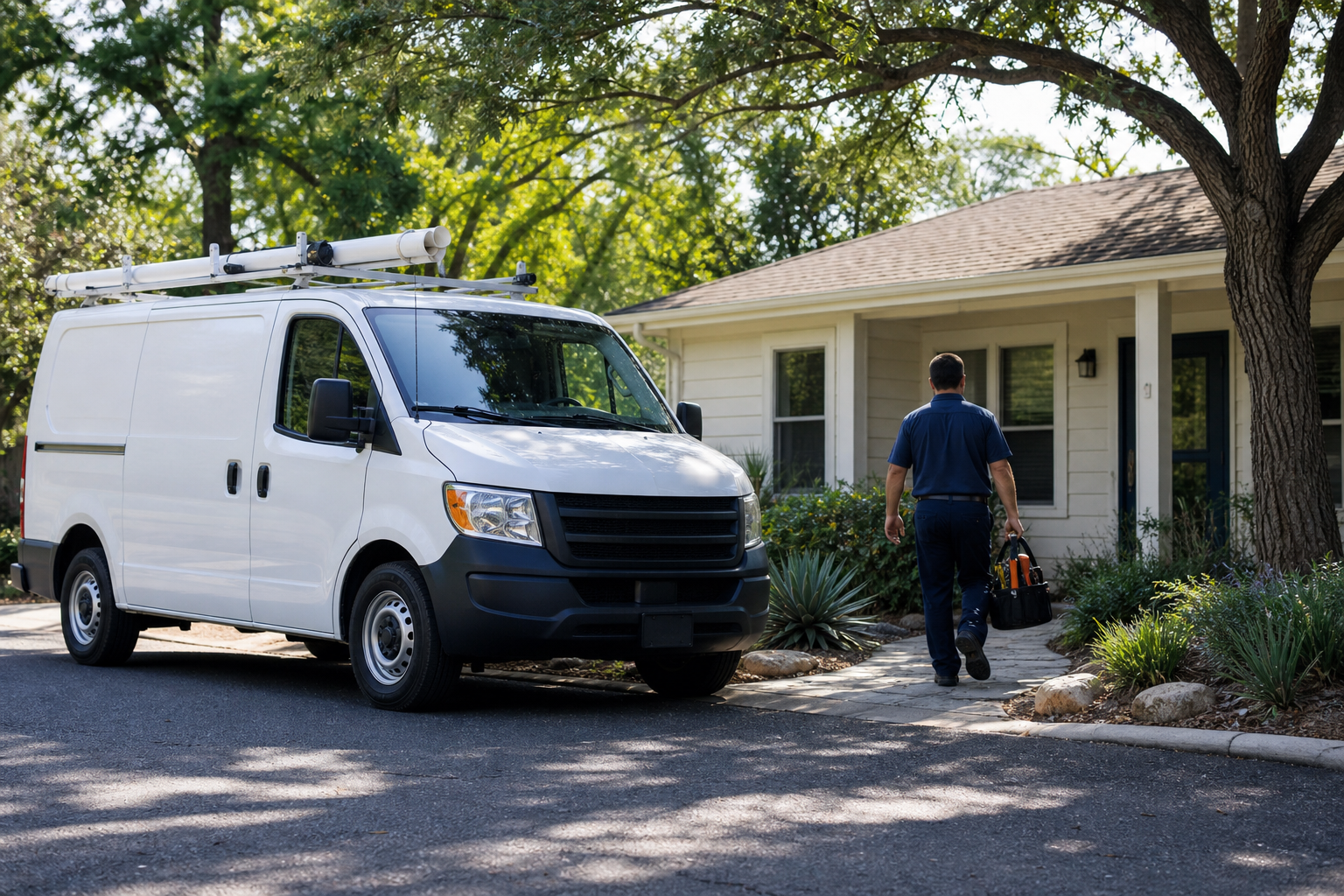Plumbing service van outside an Austin-area home