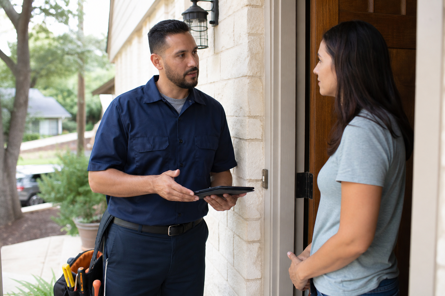 Plumbing technician discussing service options with a homeowner