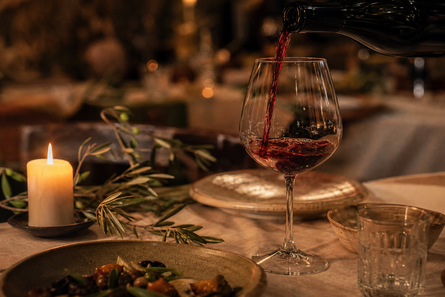 Natural wine poured at a candlelit Luma Osteria table