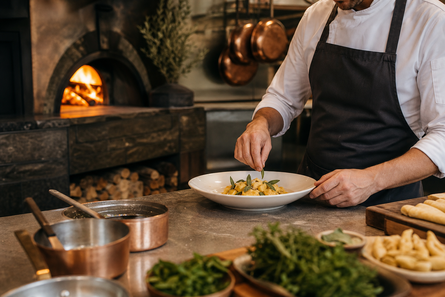 Chef plating handmade pasta near a wood-fired oven